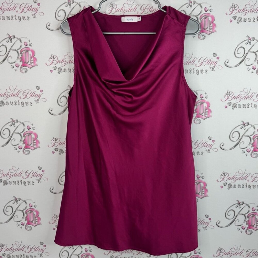 Ricki’s top tank shirt swoop neck shiny Rich Berry Sleeveless Drape Blouse
